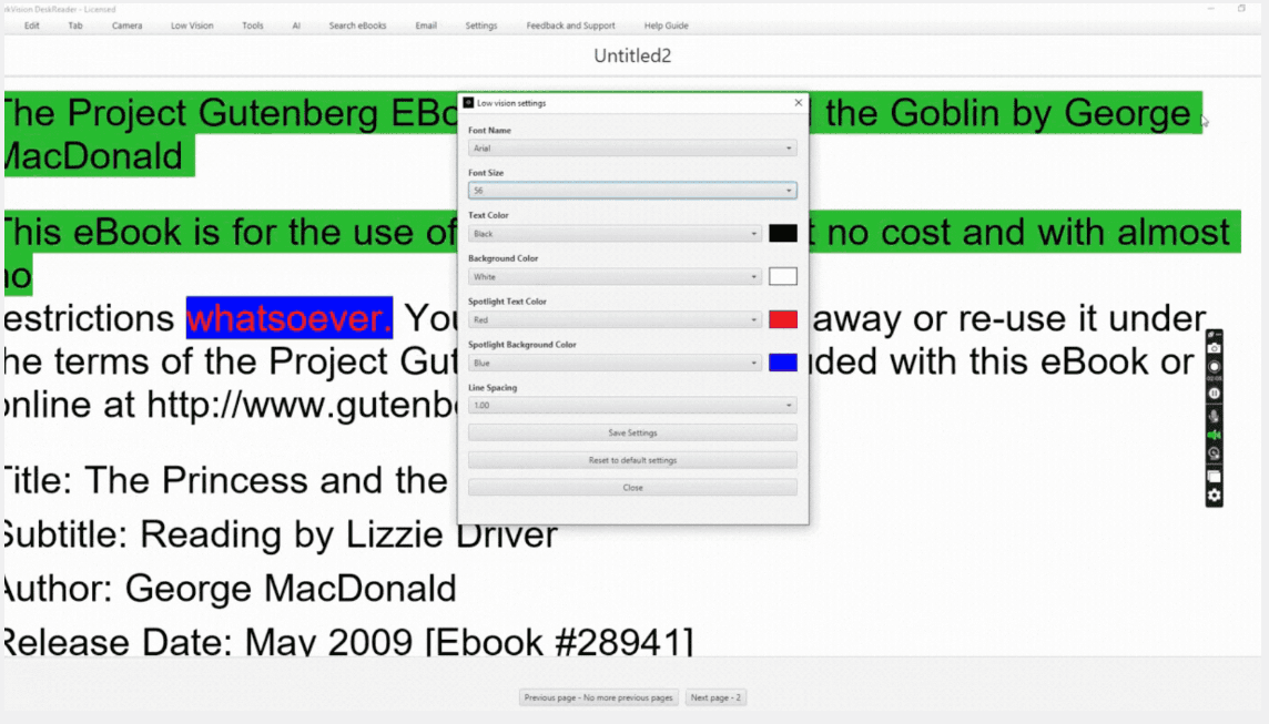 DeskReader low vision settings with font, color, and spacing controls