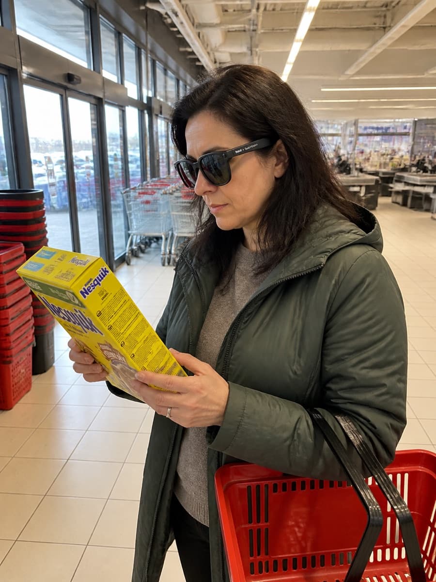 A woman wearing SparkVision Glasses 2 Ultra holds a cereal box in a grocery store aisle.